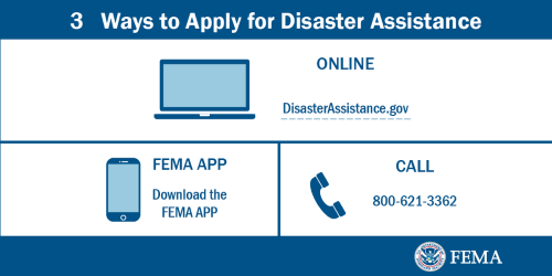 An animated graphic with ways to register for FEMA Individual Assistance. Includes www.disasterassistance.gov, 800-621-3362, or the FEMA app