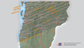 Area of totality of April 8, 2024 eclipse. Southern border line runs from Middlebury to St. Johnsbury and area of totality runs north to the Canadian border