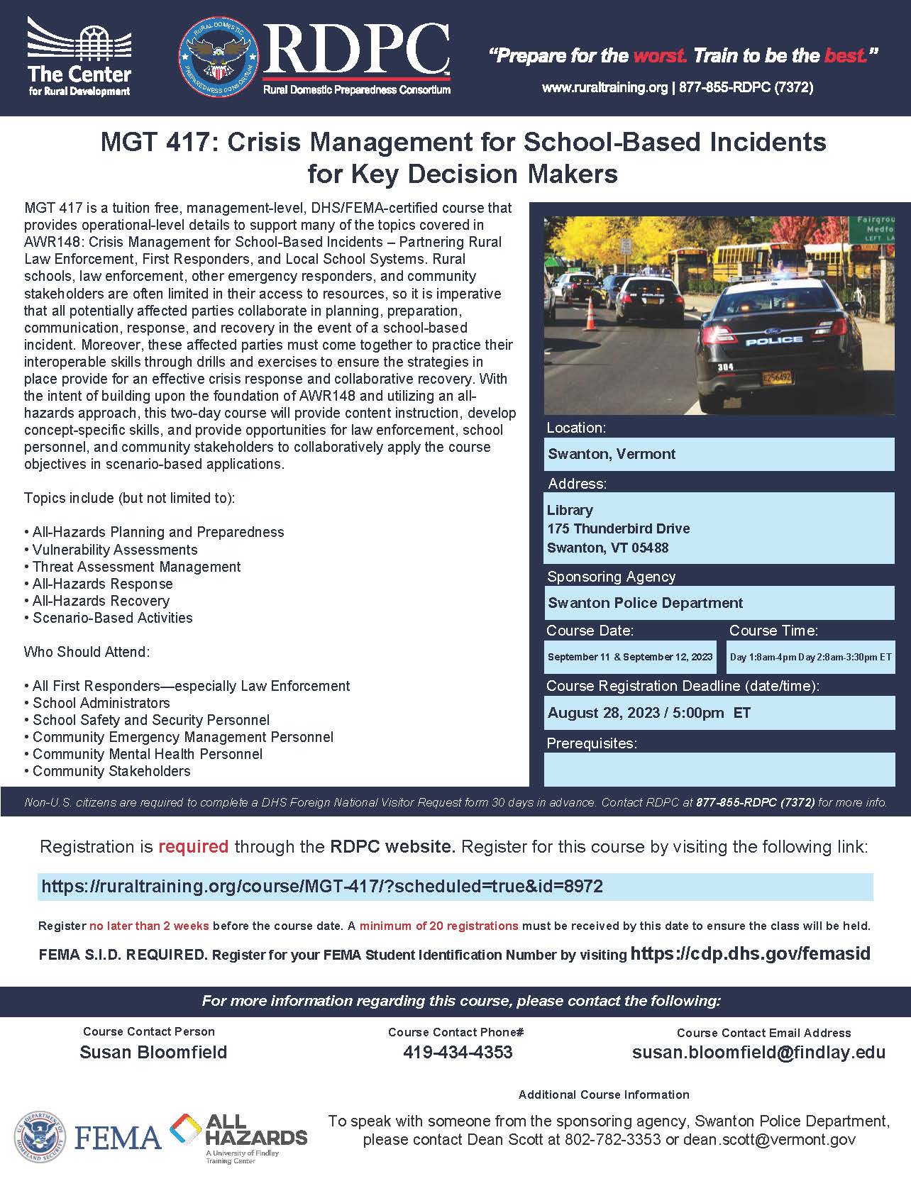 Flyer for MGT 417: Crisis Management For School Based Incidents For Key Decision Makers